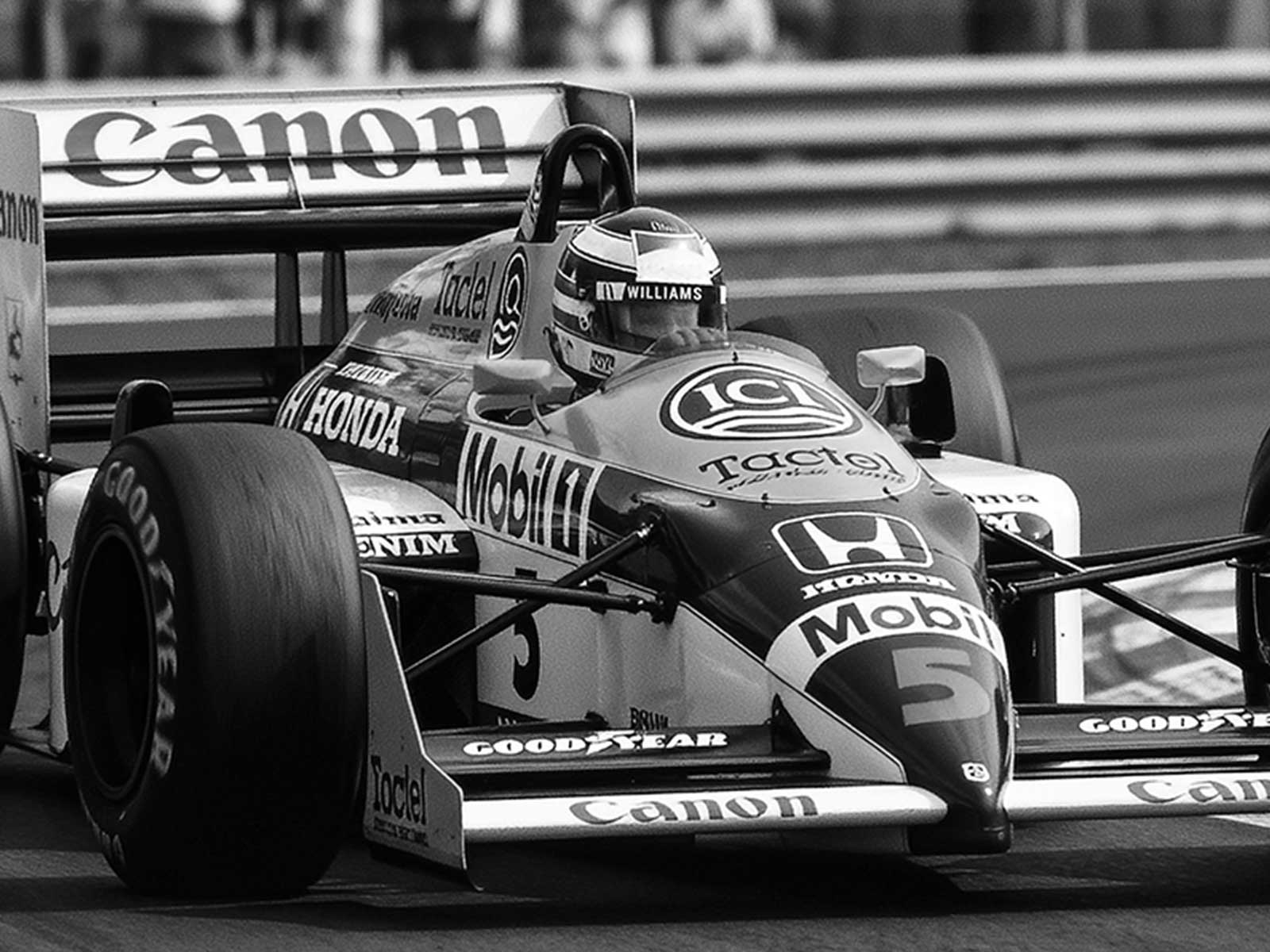 Portrait of a driver beside the Williams FW11 with grainy textures and warm, aged tones that suggest historical narrative