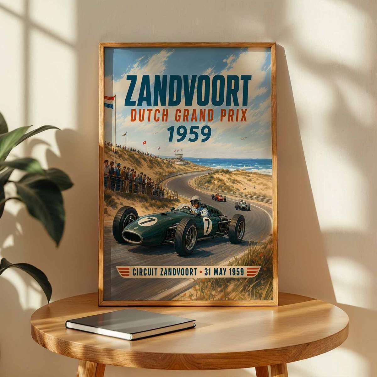 Dutch GP composition styled as poster and featuring race action framed by a bold circuit atmosphere